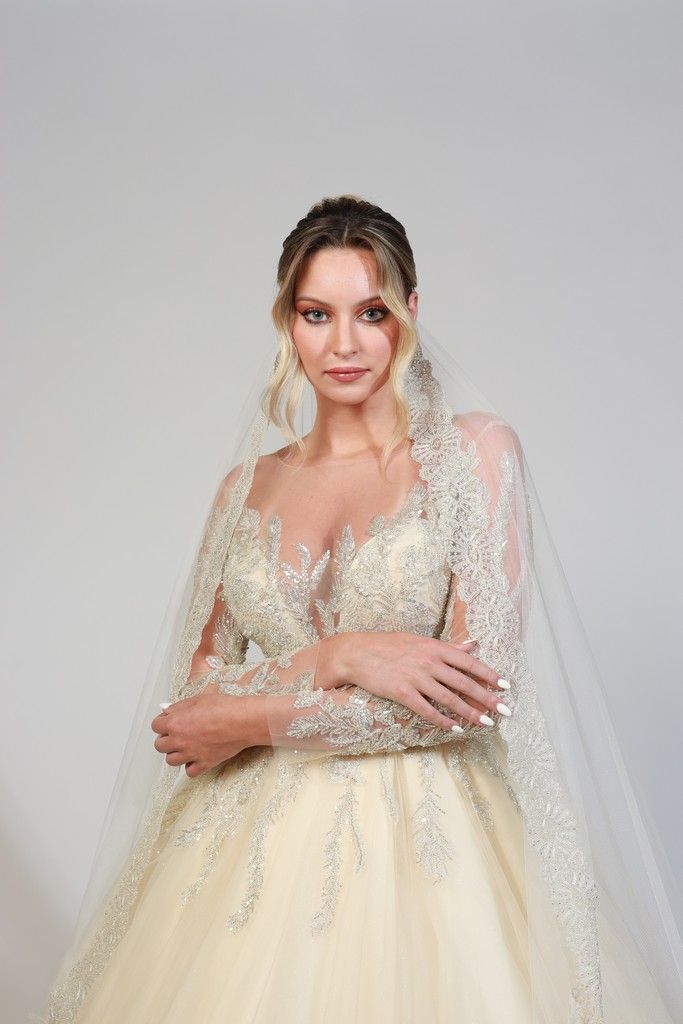 Vestido de novia de corte princesa con cuerpo de pedrería y mangas capa transparentes bordadas — Oksana Dorenska