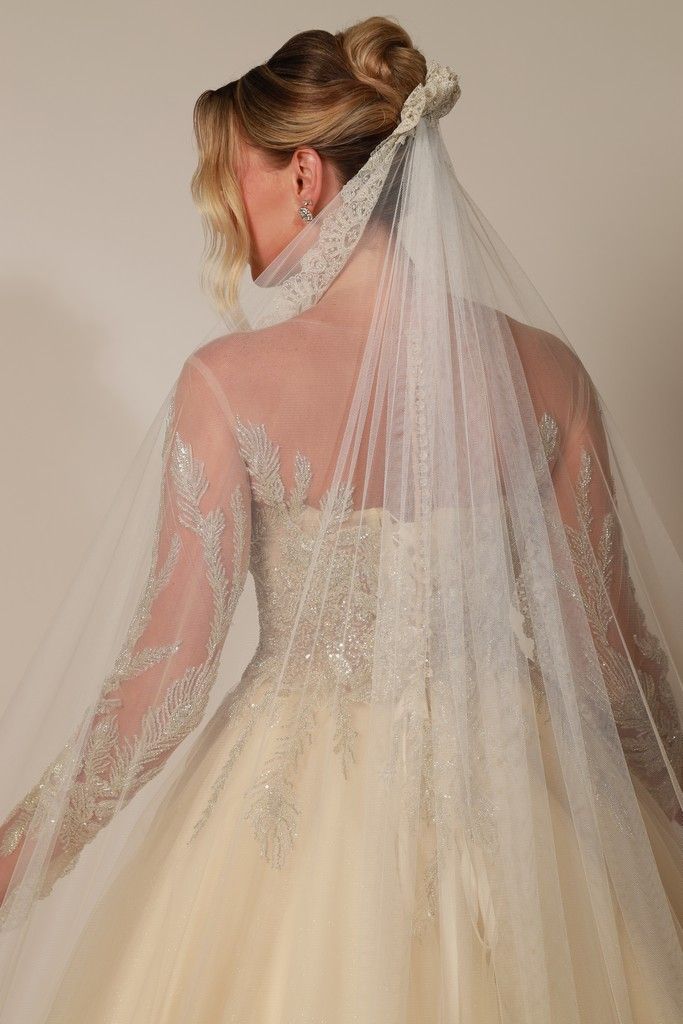 Vestido de novia de corte princesa con cuerpo de pedrería y mangas capa transparentes bordadas — Oksana Dorenska