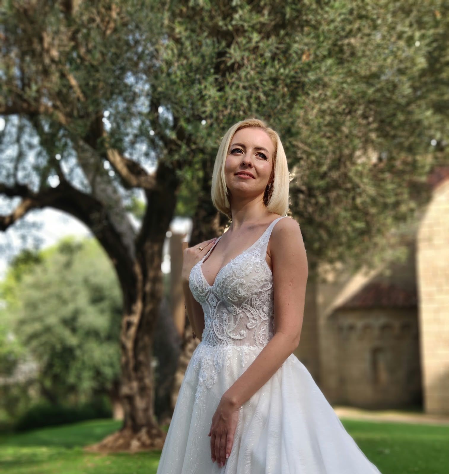 Vestido de novia línea A con cuerpo de encaje y falda de tul con brillo — Oksana Dorenska